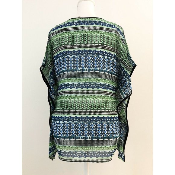 NWT Calvin Klein Chiffon Caftan Blouse XS Green Blue Geometric Tunic Top Keyhole - Picture 6 of 12